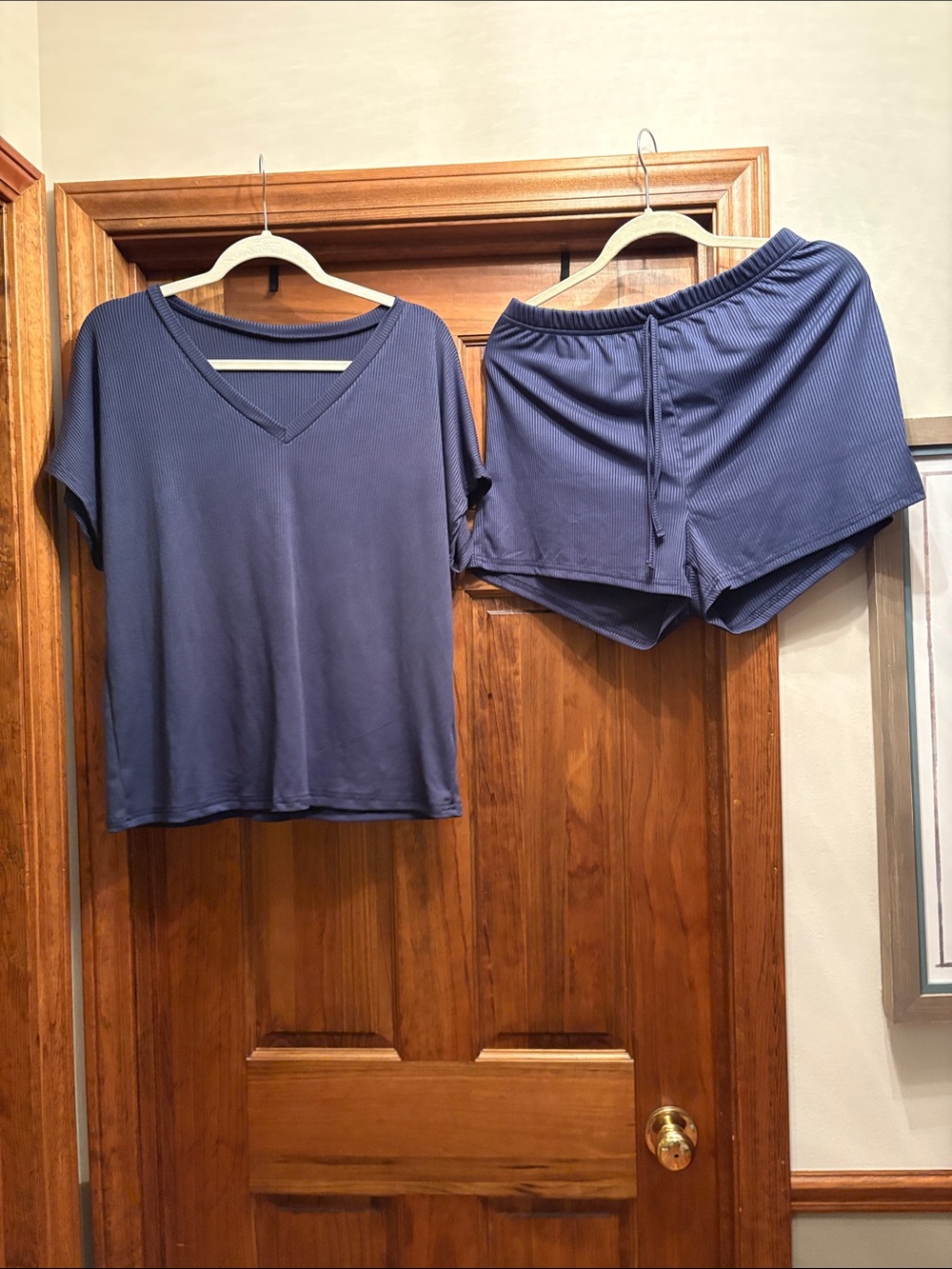 SHEIN Blue Ribbed V-Neck Top & Elastic Waist Shorts Set